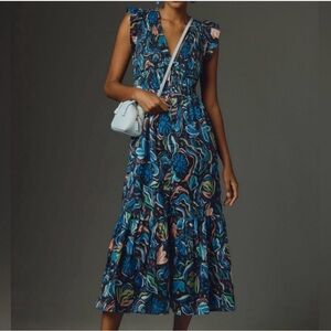 Anthropologie Floral Blue Midi Dress-M
